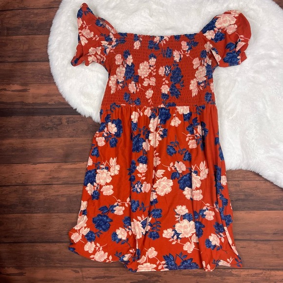 Derek Heart Floral Orange‎ Off The Shoulder Ruffled Summer Dress Large - Picture 1 of 6